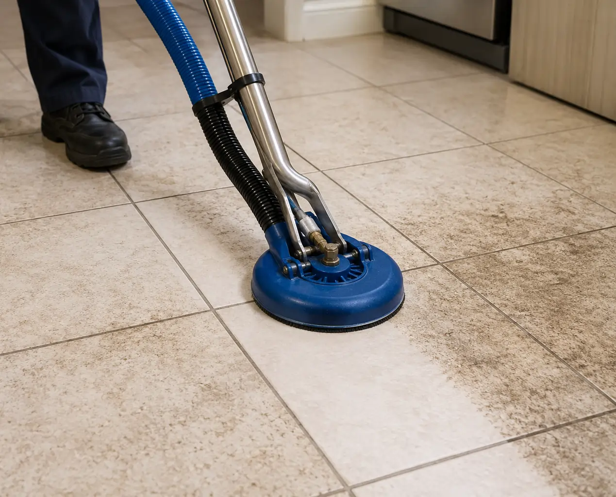 Professional tile grout cleaning in progress