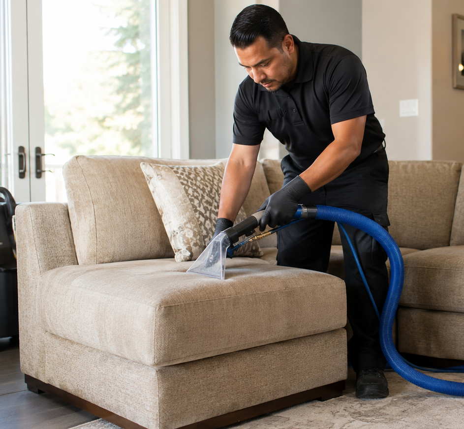 Technician cleaning upholstered furniture in Richardson TX